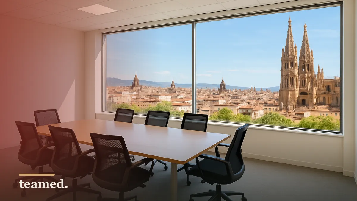 A modern office meeting room with a view of a Spanish cityscape, symbolizing the topic of background checks and compliance.