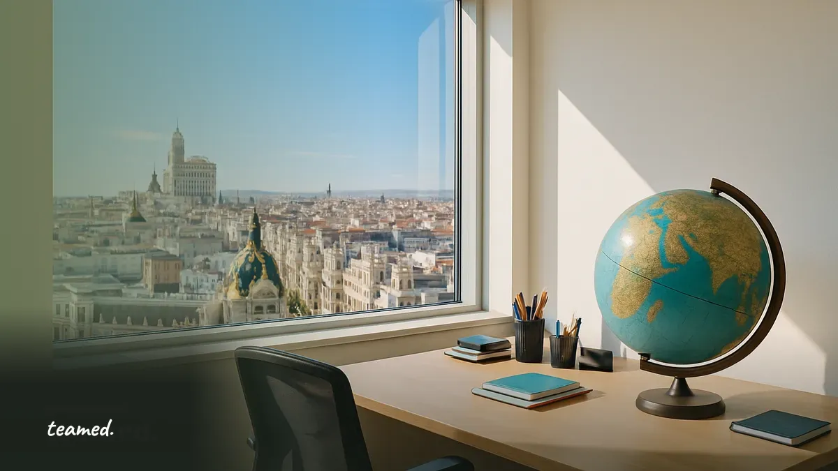 A modern office scene with a globe and city view, emphasizing the global employment topic of the article.