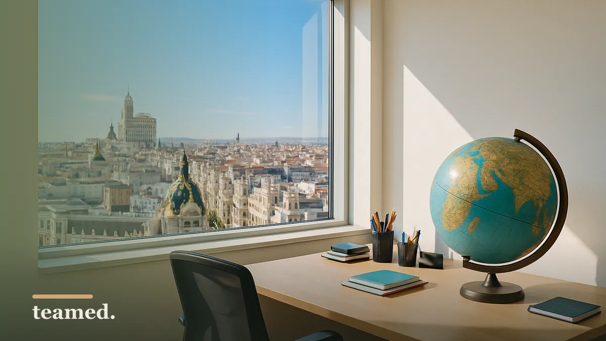 A modern office scene with a globe and city view, emphasizing the global employment topic of the article.