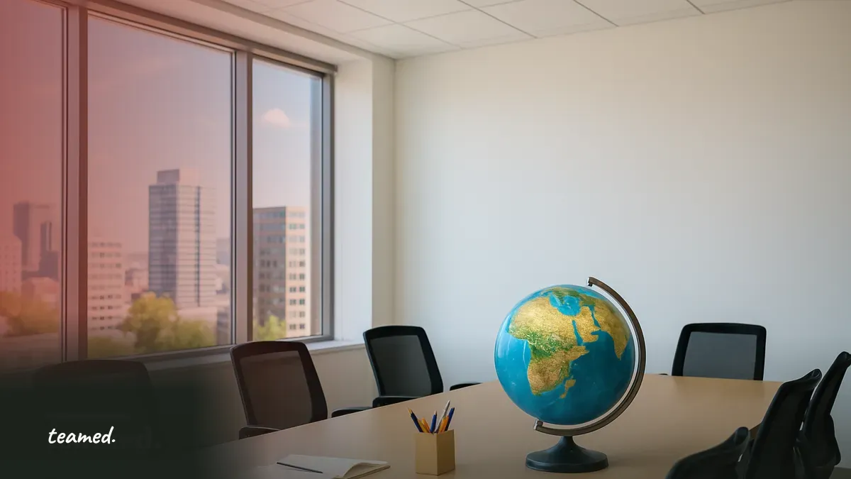 A modern office meeting room with a globe and stationery, symbolizing the global employment landscape relevant to hiring foreign workers.