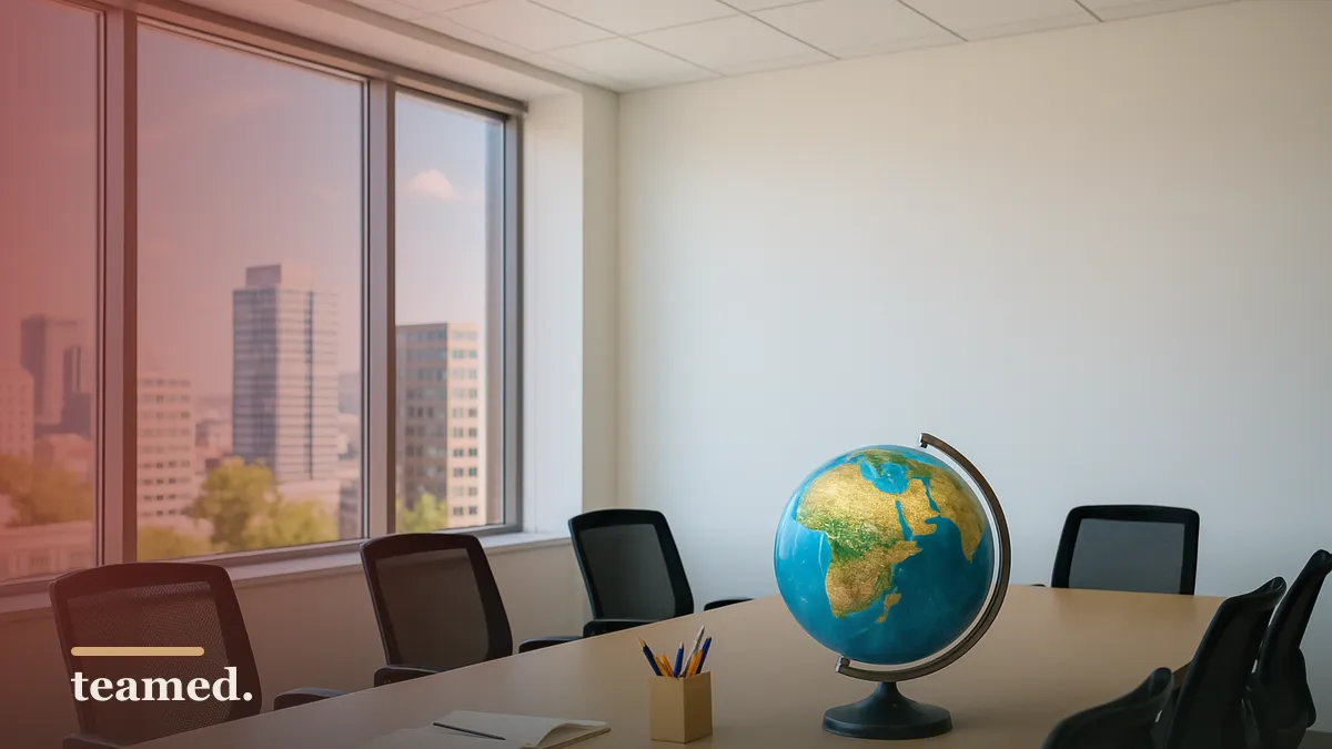 A modern office meeting room with a globe and stationery, symbolizing the global employment landscape relevant to hiring foreign workers.