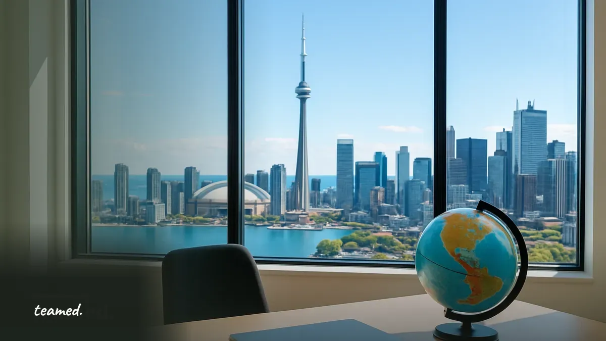A modern office with a view of Toronto, symbolizing global employment opportunities for US companies.