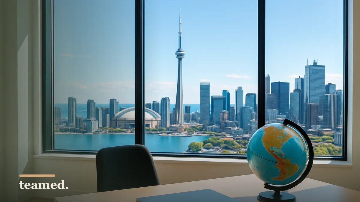A modern office with a view of Toronto, symbolizing global employment opportunities for US companies.