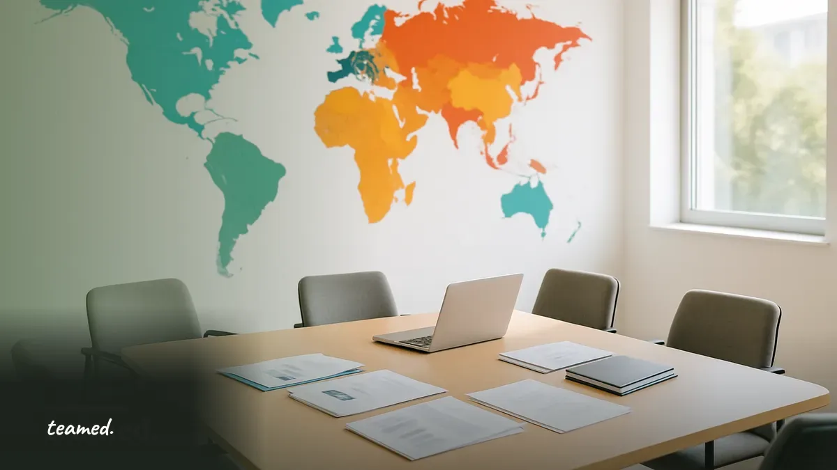 A modern office with a globe and plants, symbolizing global employment and bereavement leave requirements.