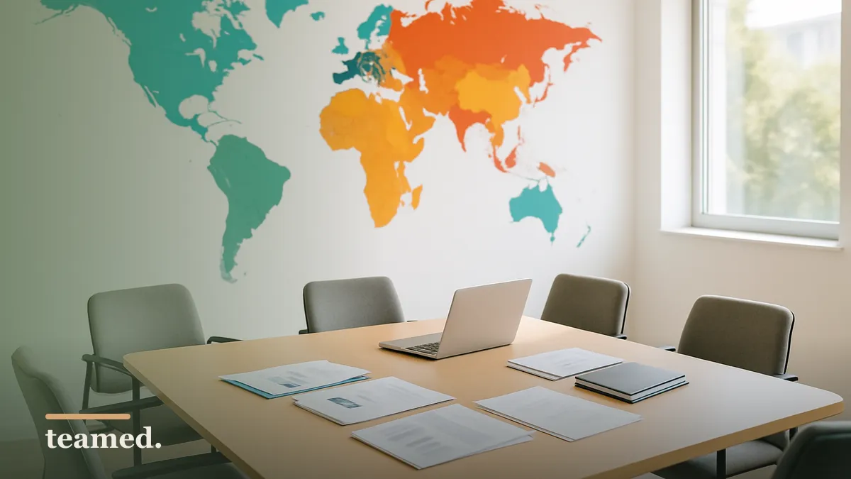 A modern office with a globe and plants, symbolizing global employment and bereavement leave requirements.