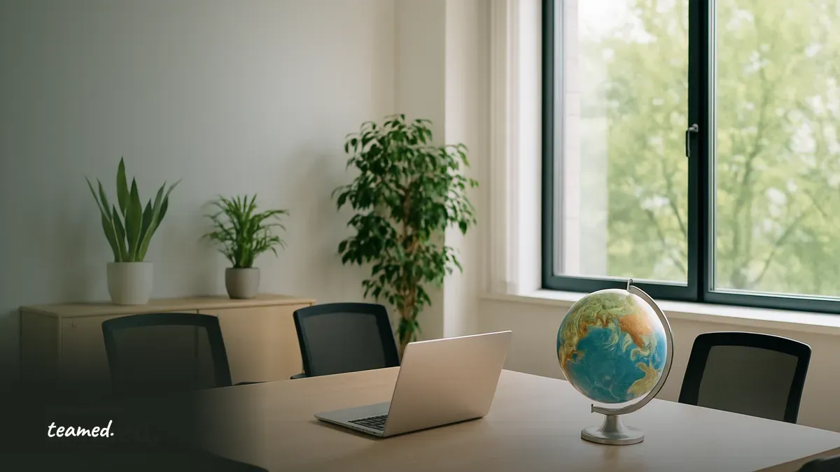 A bright modern office meeting room with a globe and plants, illustrating the theme of employer of record services.