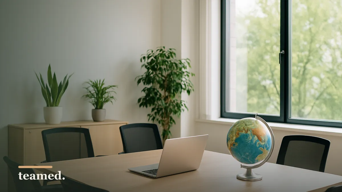 A bright modern office meeting room with a globe and plants, illustrating the theme of employer of record services.