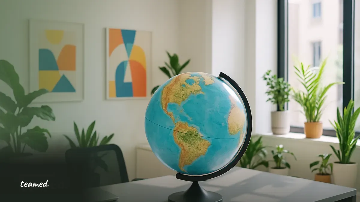 A modern office with a globe and plants, symbolizing global employment and collaboration.