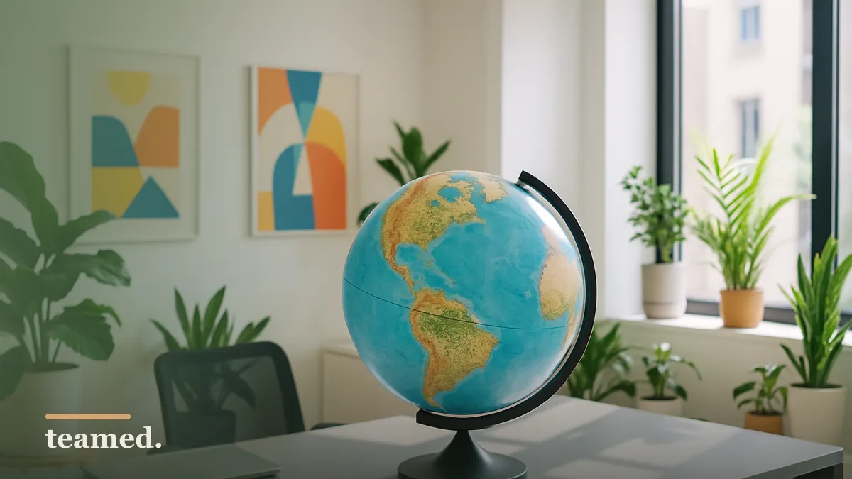 A modern office with a globe and plants, symbolizing global employment and collaboration.