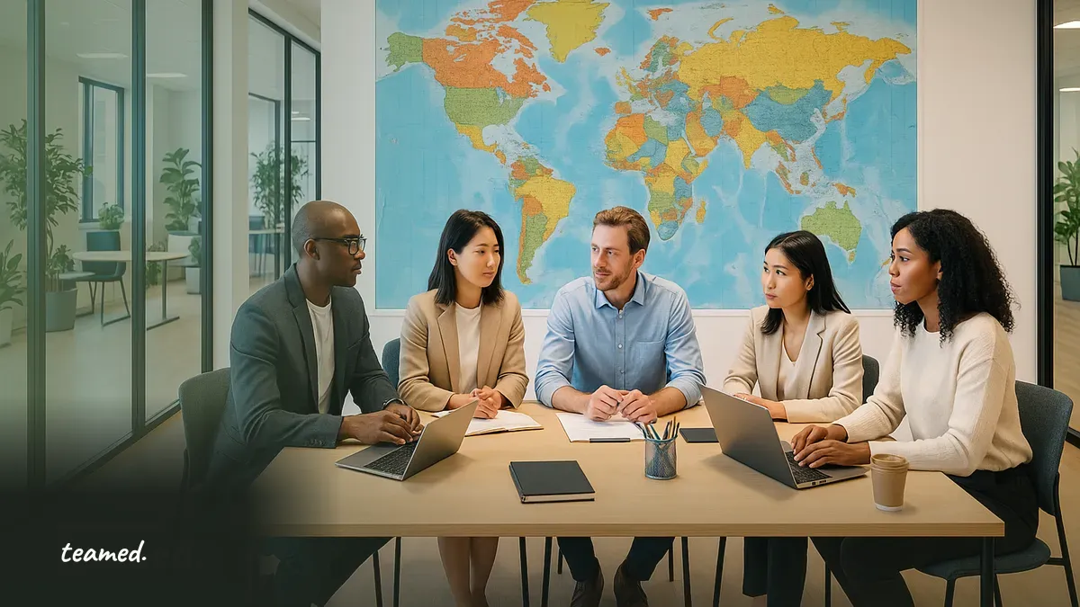 A collaborative workspace emphasizes global teamwork and payroll solutions.