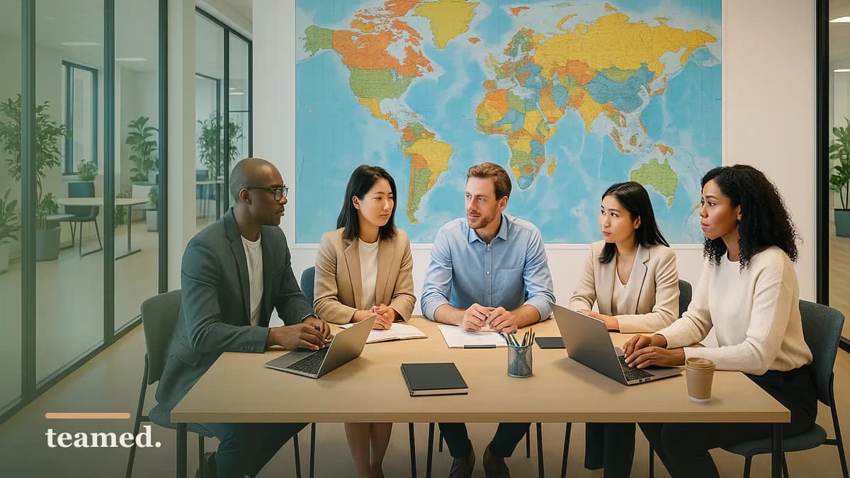 A collaborative workspace emphasizes global teamwork and payroll solutions.