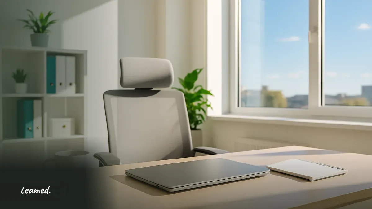A modern office setting with a clean desk and a bright window, representing the efficiency of HR and payroll software.