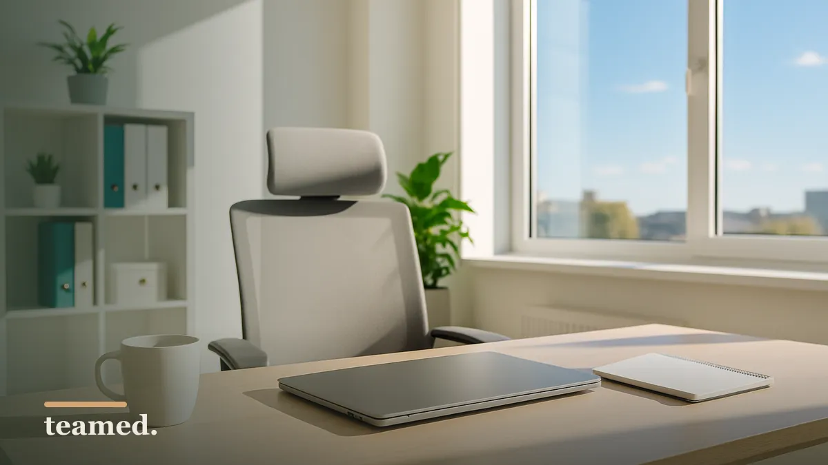 A modern office setting with a clean desk and a bright window, representing the efficiency of HR and payroll software.