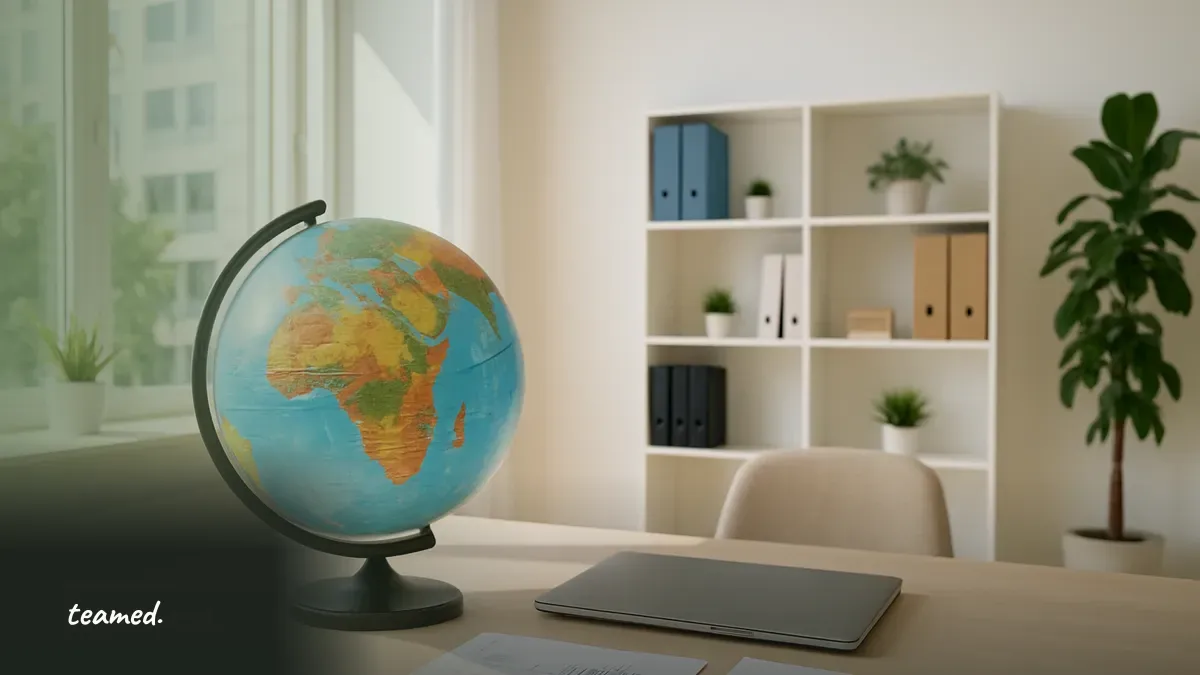 A modern office featuring a globe and a tidy desk, symbolizing global payroll solutions for international employees.