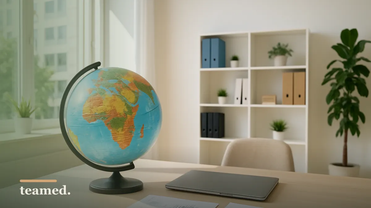 A modern office featuring a globe and a tidy desk, symbolizing global payroll solutions for international employees.