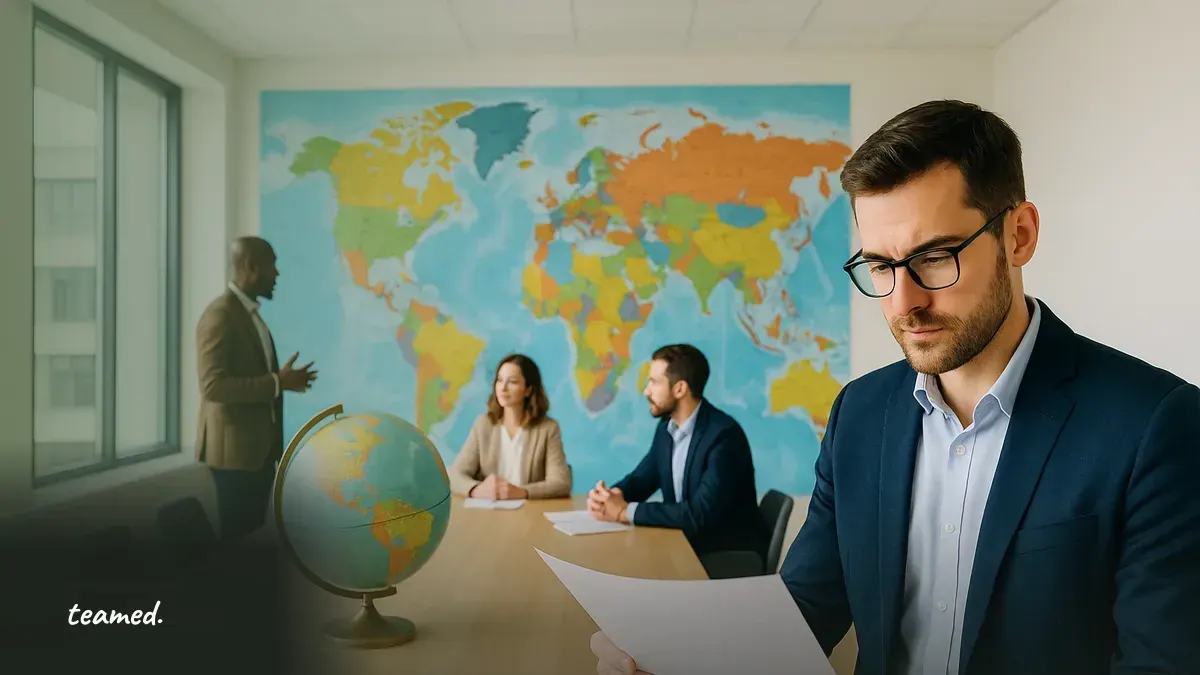 A professional environment fostering global compliance discussions, relevant to international employment.