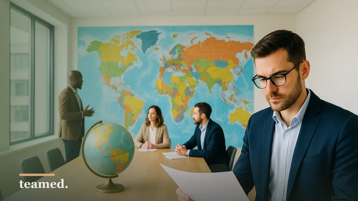 A professional environment fostering global compliance discussions, relevant to international employment.