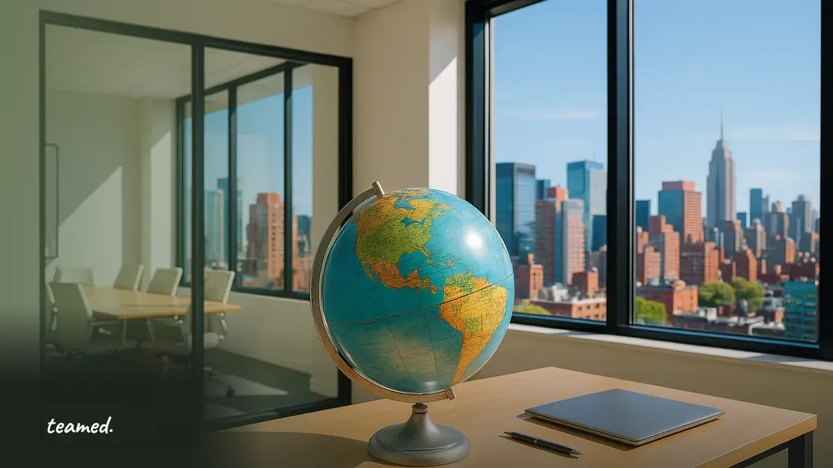 A bright office scene showcasing global connectivity, symbolizing the borderless nature of employment.