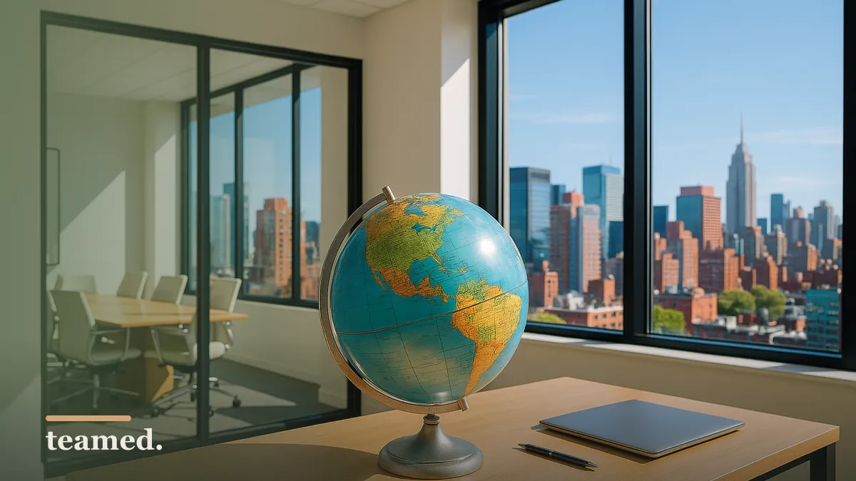 A bright office scene showcasing global connectivity, symbolizing the borderless nature of employment.