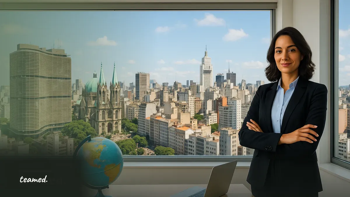 A professional setting in São Paulo highlights global employment opportunities for directors.