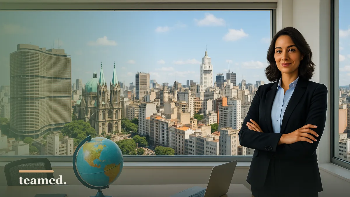 A professional setting in São Paulo highlights global employment opportunities for directors.