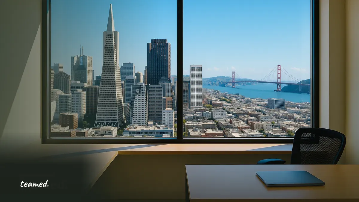 A modern office with a view of San Francisco symbolizes the changing landscape of employment and wages.