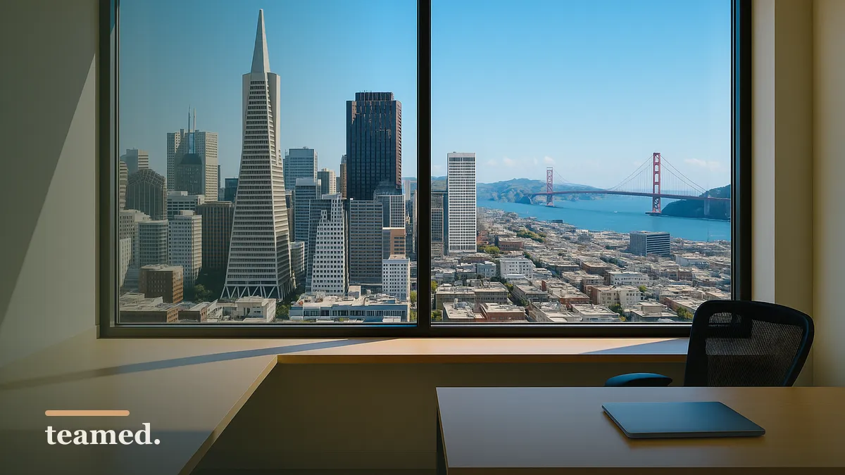 A modern office with a view of San Francisco symbolizes the changing landscape of employment and wages.