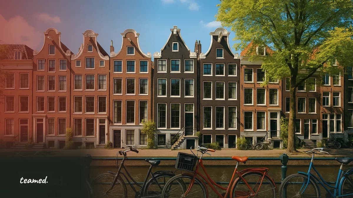 A sunny Amsterdam canal with townhouses and bicycles, evoking Dutch IND sponsorship rules.