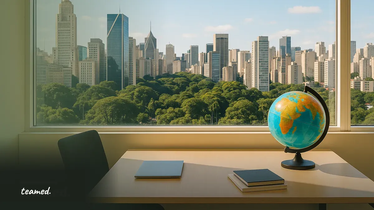 A modern office scene with a globe, representing global employment and R&D tax credits in Brazil.