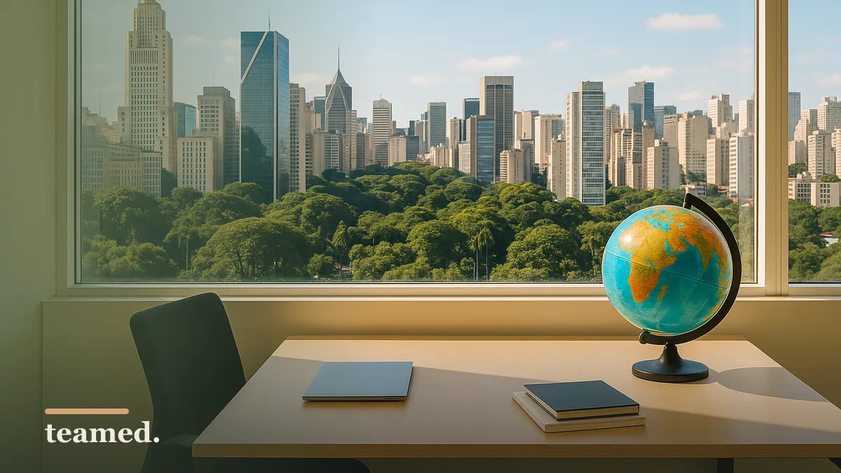 A modern office scene with a globe, representing global employment and R&D tax credits in Brazil.