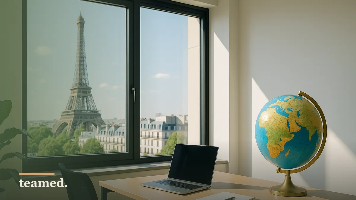A clean office scene illustrating the concept of global hiring, relevant to employment in France and Latvia.