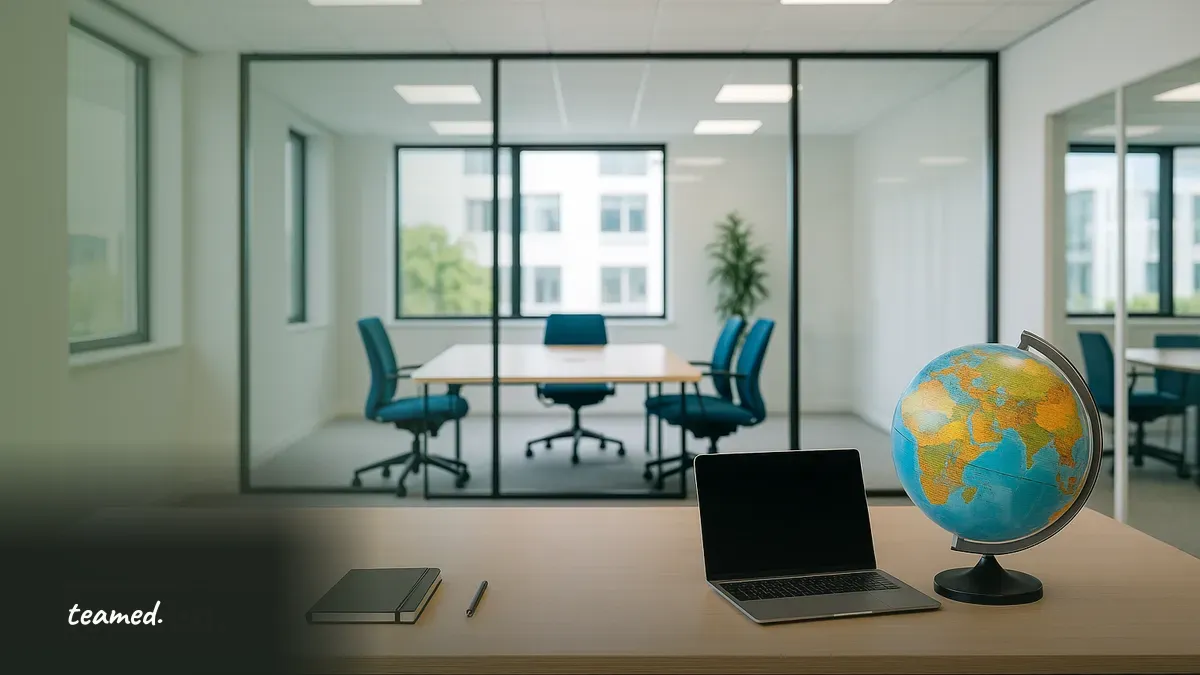 A bright office scene symbolizes global employment considerations, emphasizing the importance of contract types in a diverse workforce.