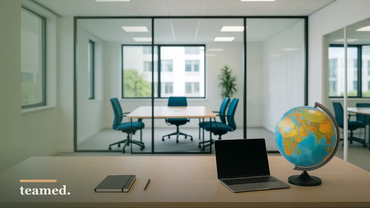 A bright office scene symbolizes global employment considerations, emphasizing the importance of contract types in a diverse workforce.