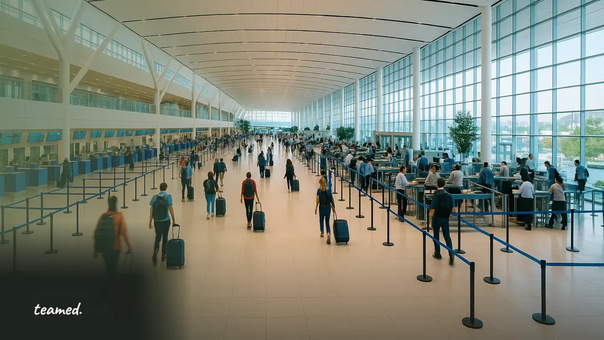 A bustling airport terminal illustrates the complexities of international travel, relevant to the discussion on A1 Certificate requirements.