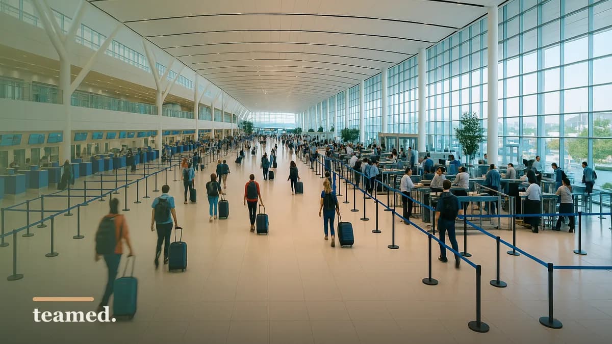 A bustling airport terminal illustrates the complexities of international travel, relevant to the discussion on A1 Certificate requirements.