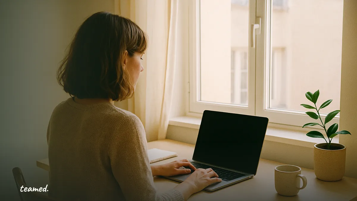 A woman working on her laptop at her own desk by a window at home, seen from over her shoulder.