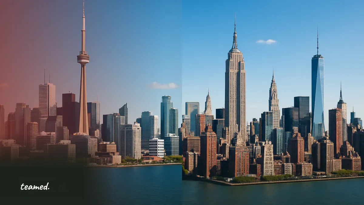 A bright cityscape showing Toronto and New York skylines, relevant for discussing business expansion opportunities between Canada and the USA.
