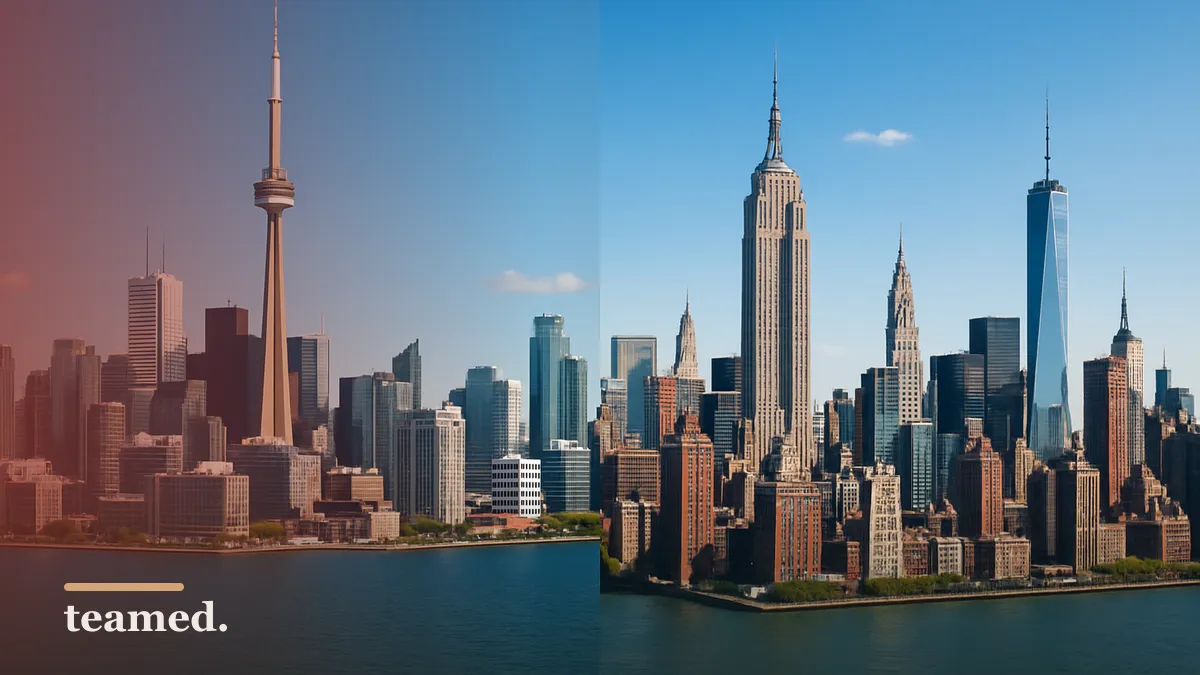 A bright cityscape showing Toronto and New York skylines, relevant for discussing business expansion opportunities between Canada and the USA.
