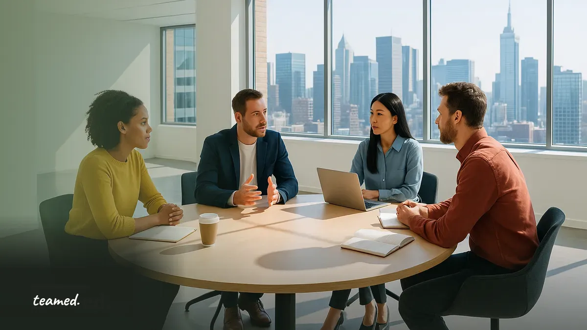A collaborative meeting scene highlighting the importance of global benefits strategies in a professional setting.