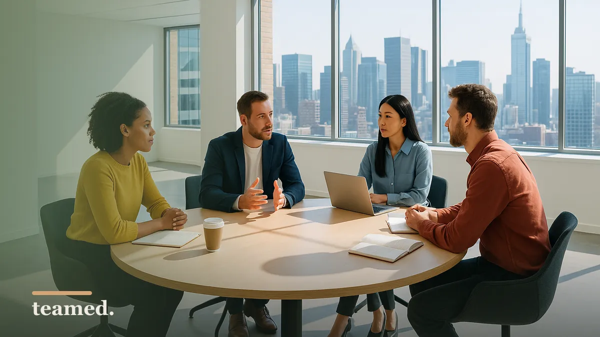 A collaborative meeting scene highlighting the importance of global benefits strategies in a professional setting.