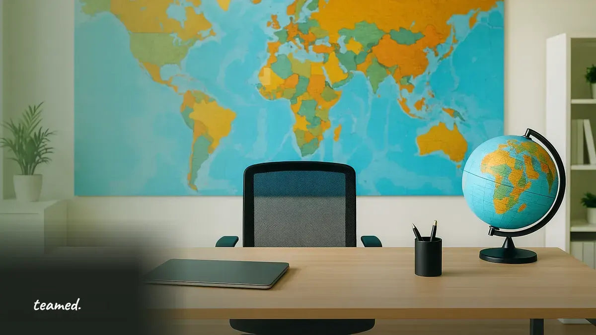 A modern office setting emphasizing global employment, highlighting the theme of affordability in international hiring.