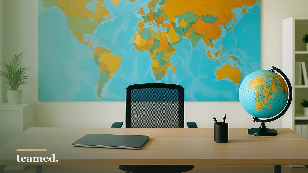 A modern office setting emphasizing global employment, highlighting the theme of affordability in international hiring.