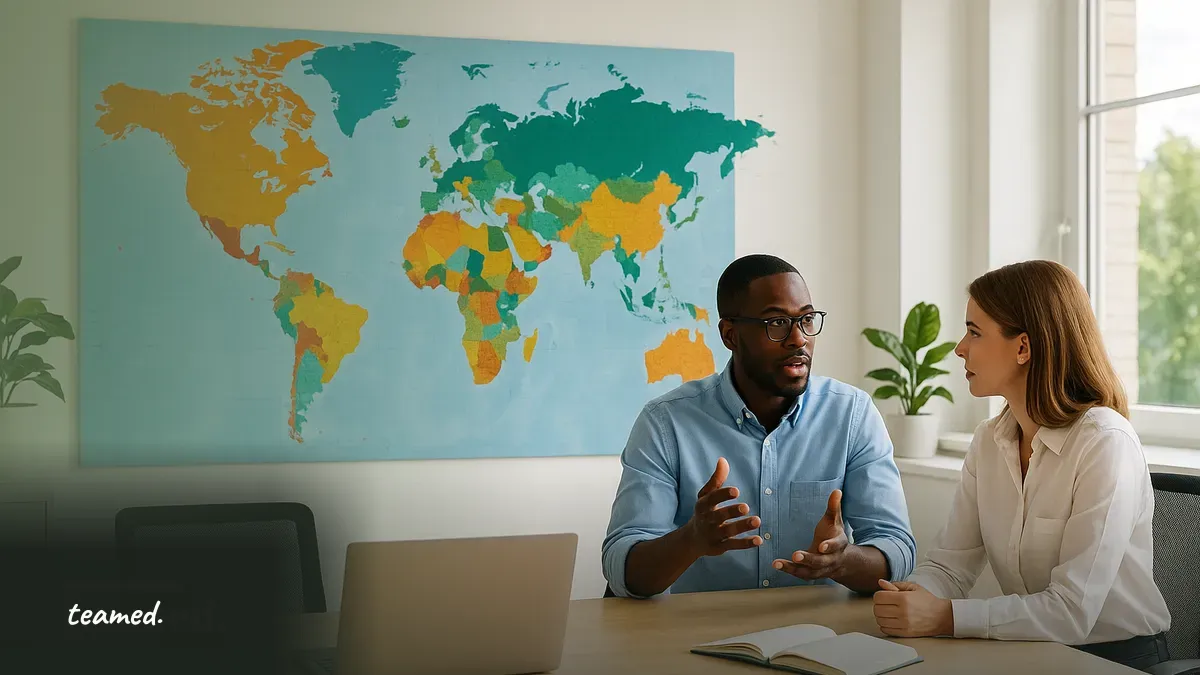 A collaborative office environment illustrating the importance of global regulatory discussions in employment.