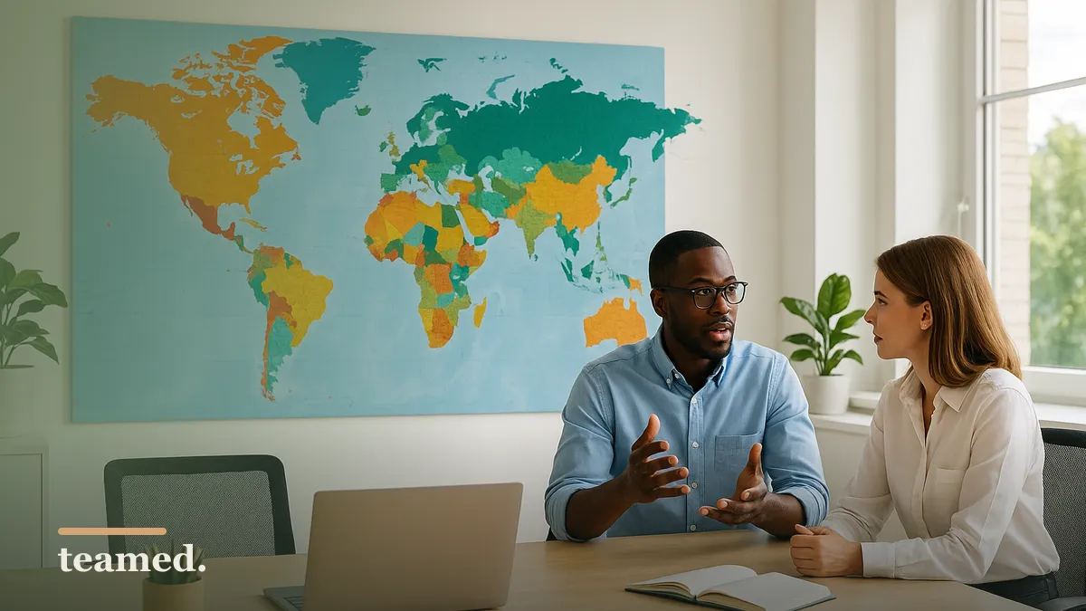 A collaborative office environment illustrating the importance of global regulatory discussions in employment.