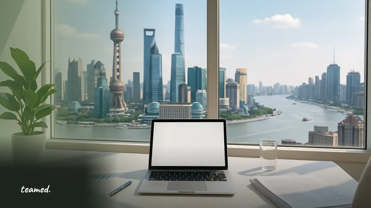 A modern office with a view of Shanghai's skyline, symbolizing the evolving workplace and employment regulations.