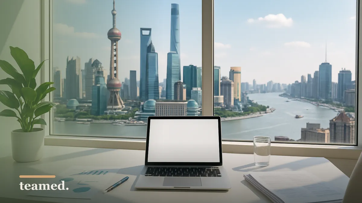 A modern office with a view of Shanghai's skyline, symbolizing the evolving workplace and employment regulations.
