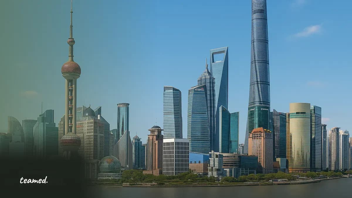 A bright modern Shanghai skyline, evoking China work permit and salary rules.