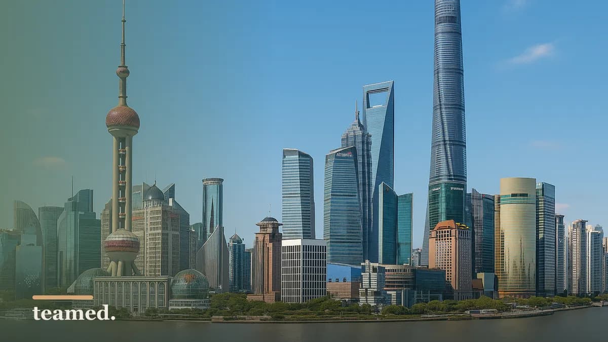 A bright modern Shanghai skyline, evoking China work permit and salary rules.