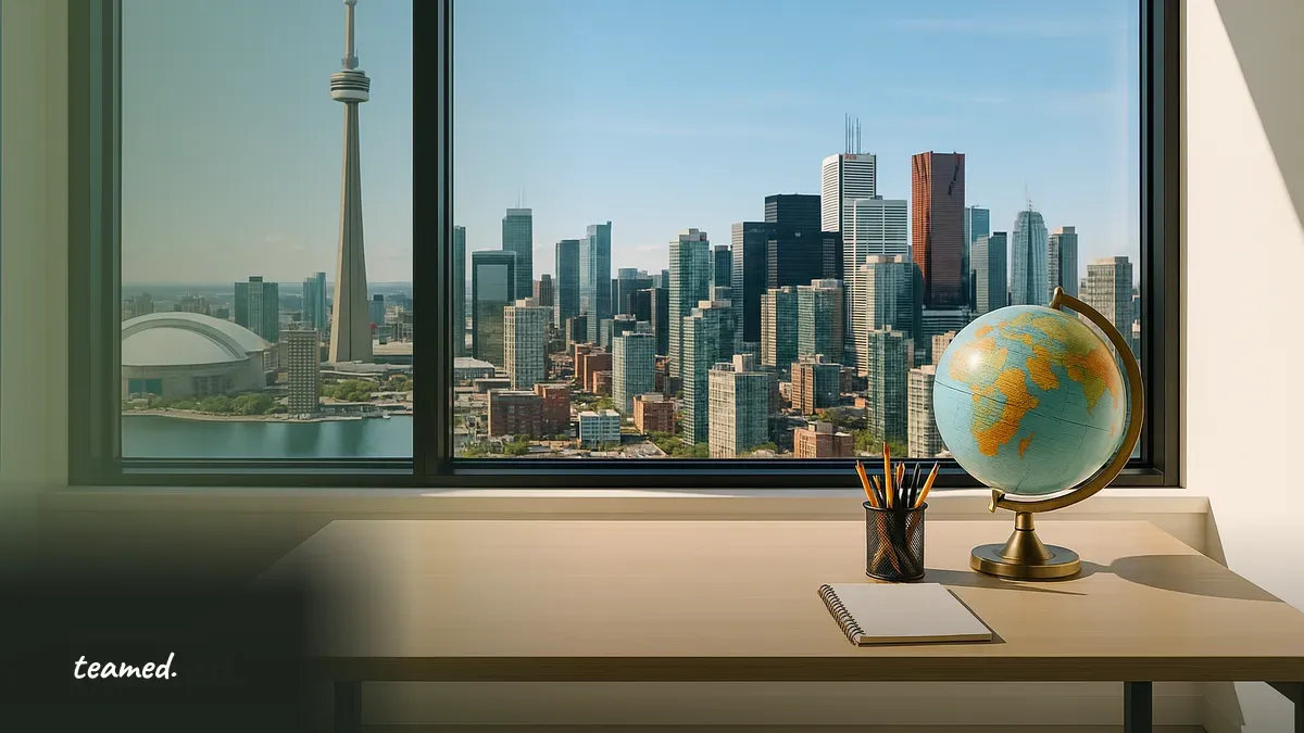 A modern office scene with a view of Toronto, symbolizing global employment and payroll management for Canadian employers.