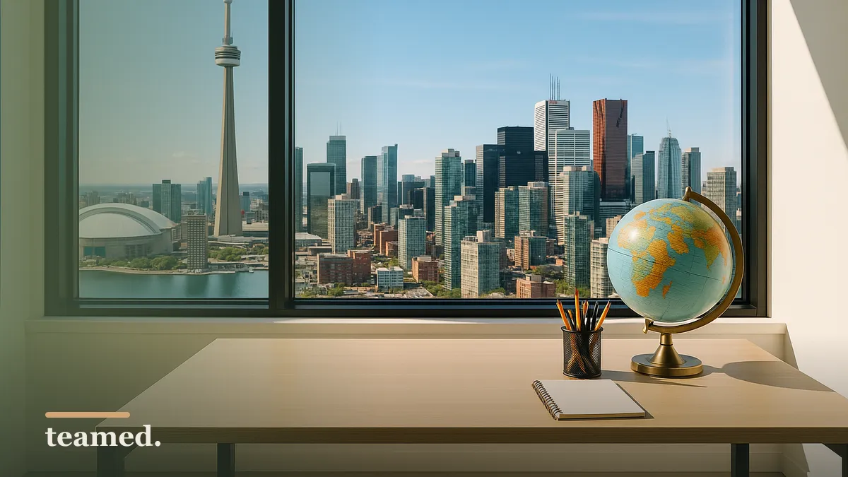 A modern office scene with a view of Toronto, symbolizing global employment and payroll management for Canadian employers.
